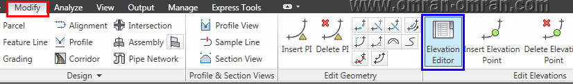 از طریق تب Modify روی Elevation Editor (کادر آبی) کلیک کنید.