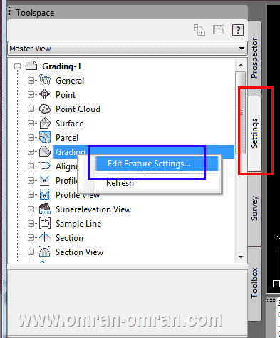 از قسمت setting در toolspace تنظیمات گریدینگ را بررسی خواهیم کرد