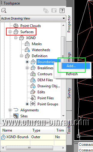 مطابق شکل از طریق Toolspace روی گزینه ی Boundry کلیک راست کنید.